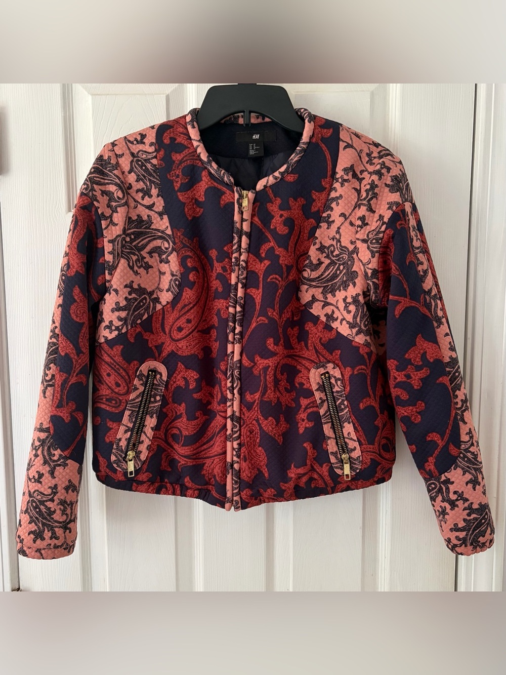 H&M Pink, Navy & Red Paisley Quilted Bomber Jacket